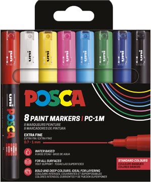 Uni POSCA marqueur peinture PC-1MC, 0,7 - 1 mm, étui de 8 pièces en couleurs de base assorties