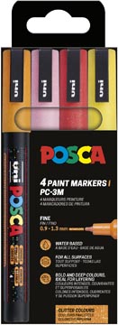Uni POSCA marqueur peinture PC-3ML, 1,5 mm, pailletté, étui de 4 pièces orange, rose, rouge et jaune