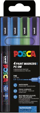 Uni POSCA marqueur peinture PC-3ML, 1,5 mm, pailletté, étui  4 pièces bleu foncé et clair, vert et violet
