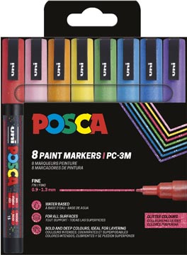 Uni POSCA marqueur peinture PC-3ML, 1,5 mm, pailletté, étui de 8 pièces en couleus assorties