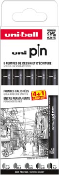Uni Pin fineliner, gekalibreerde punten, zwart, 0,2-0,4-0,6-0,8-1,0 mm, blister van 4 + 1 gratis