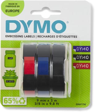 Dymo D3 ruban 9 mm, couleurs assorties, blister 3 pièces