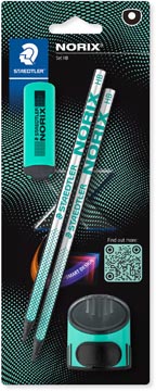 Staedtler Norix crayon graphite, HB, avec taille-crayon et gomme, vert, blister de 2 pièces
