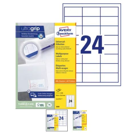 P.100 vel universele etiketten ultragrip quickpeel 64,6 x 33,8 mm 24 etiket/vel wit avery
