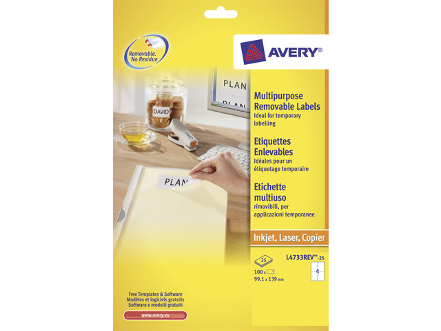 P.25 feuille etiquettes enlevables 99,1 x 139 mm 4 etiquette/feuille avery