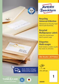 B.100 feuille etiquettes universelles recyclees 210 x 297 mm 1 et/feuille avery