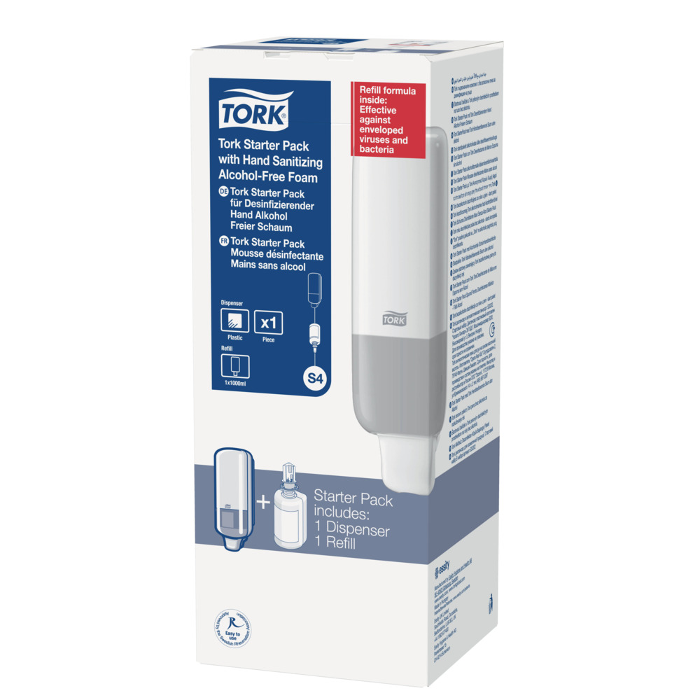 Pack de démarrage distributeur s4 system + mousse sans alcool pour la désinfection des mains 1l blanc tork
